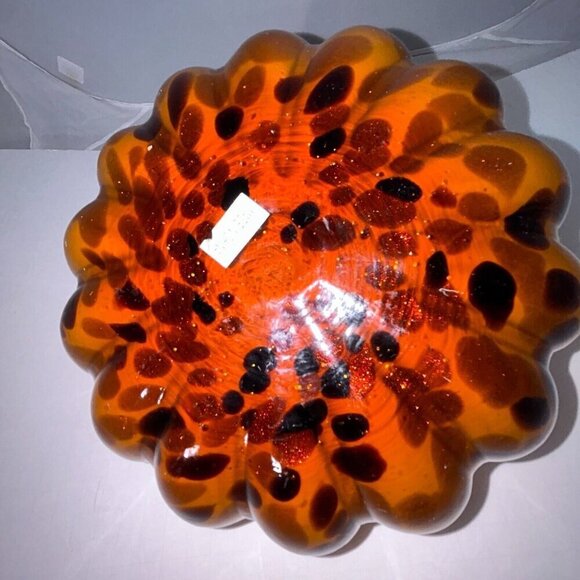 Hand Blown Orange Brown Glass Pumpkin Long Stem Autumn 9" X 7" Thanksgiving - Picture 9 of 13